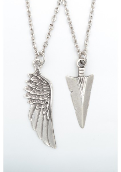 2'li Kartal Melek Kanat - Triagle Ok Ucu Gümüş Kaplama Unisex Düz Zincir Kolye Seti kod 1080