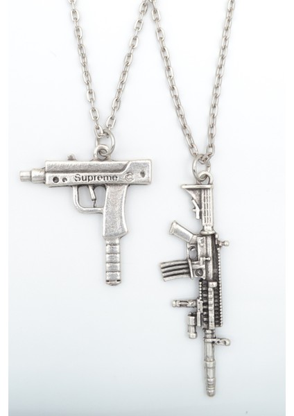 2'li Uzi - M4 Gümüş Kaplama Unisex Düz Zincir Kolye Seti kod 1082