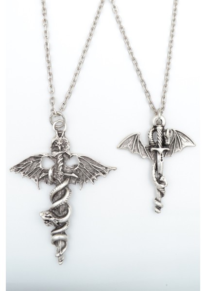 2'li Kılıç Yarasa Yılan - Ejderha Kılıç Gümüş Kaplama Unisex Düz Zincir Kolye Seti kod 1084
