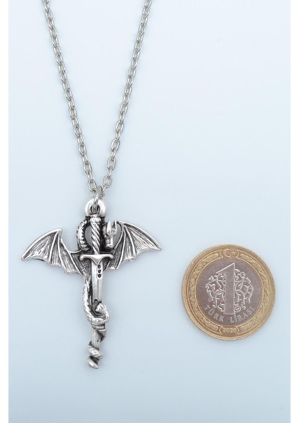 2'li Kılıç Yarasa Yılan - Ejderha Kılıç Gümüş Kaplama Unisex Düz Zincir Kolye Seti kod 1084 modelleri