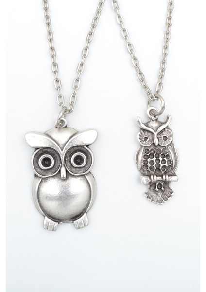 2'li Baykuş Gümüş Kaplama Unisex Düz Zincir Kolye Seti kod 1064