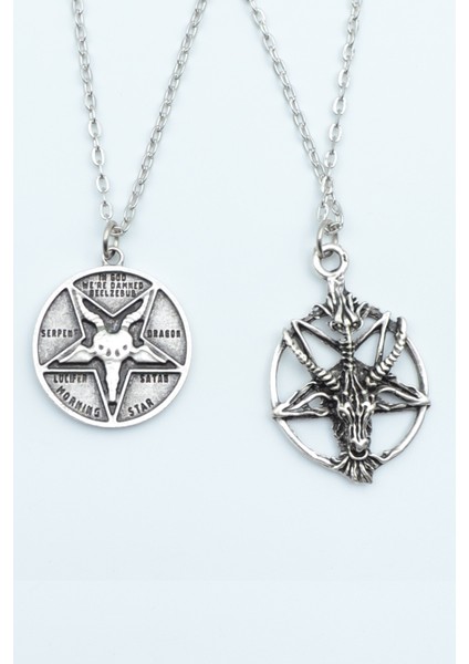 2'li Lucifer Morning Star Ters Pentagram Keçi Kafası Gümüş Kaplama Unisex Düz Zincir Kolye Seti kod 1090