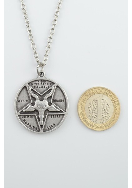 2'li Lucifer Morning Star Ters Pentagram Keçi Kafası Gümüş Kaplama Unisex Düz Zincir Kolye Seti kod 1090 fiyatları