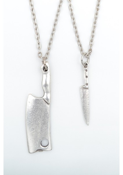 2'li Gastronomi Temalı Bıçak - Satır Gümüş Kaplama Unisex Düz Zincir Kolye Seti kod 980