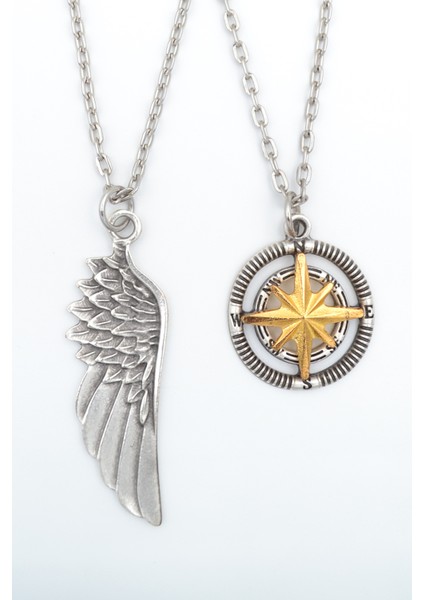 2'li Pusula Kutup Yıldızlı - Kartal Melek Kanat Gümüş Kaplama Unisex Düz Zincir Kolye Seti kod 989