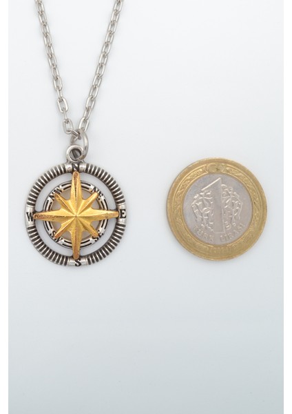 2'li Pusula Kutup Yıldızlı - Kartal Melek Kanat Gümüş Kaplama Unisex Düz Zincir Kolye Seti kod 989 modelleri