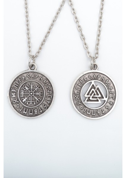 2'li Viking Pusula - Tılsım Gümüş Kaplama Unisex Düz Zincir Kolye Seti kod 999