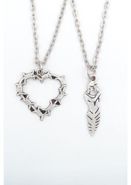 2'li Dikenli Kalp - Sevgili Söz Gümüş Kaplama Unisex Düz Zincir Kolye Seti kod 994