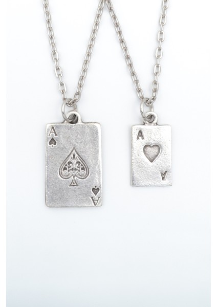 2'li Maça As İskambil - Poker Gümüş Kaplama Unisex Düz Zincir Kolye Seti kod 983