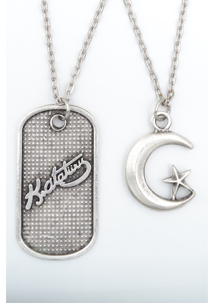 2'li Kemal Atatürk İmza Künye - Ay Yıldız Gümüş Kaplama Unisex Düz Zincir Kolye Seti kod 1012