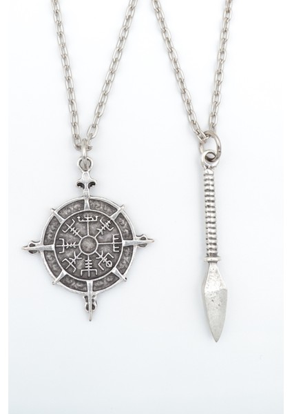 2'li Viking Pusula - Mızrak Gümüş Kaplama Unisex Düz Zincir Kolye Seti kod 1035