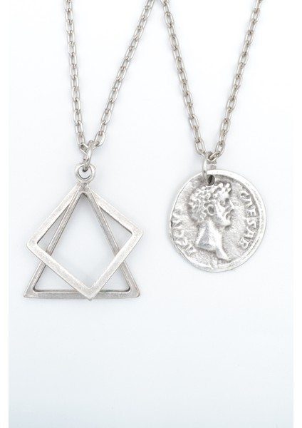 2'li Sezar Sikke -Üçgen Kare Geometrik Gümüş Kaplama Unisex Düz Zincir Kolye Seti kod 1018