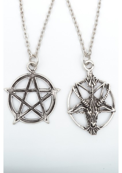 2'li Ters Pentagram Keçi Kafası - Wicca Gümüş Kaplama Unisex Düz Zincir Kolye Seti kod 987