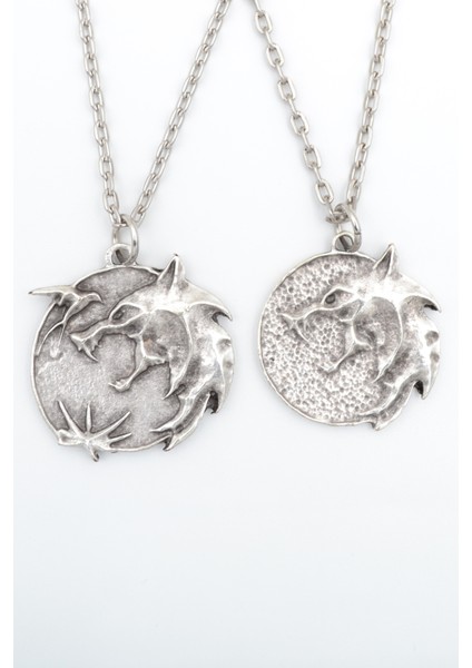 2'li The Witcher Madalyon Gümüş Kaplama Unisex Düz Zincir Kolye Seti kod 996