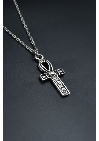 Ankh Anahtarı - Nil'in Anahtarı Gümüş Kaplama Unisex Düz Zincir Kolye kod 722