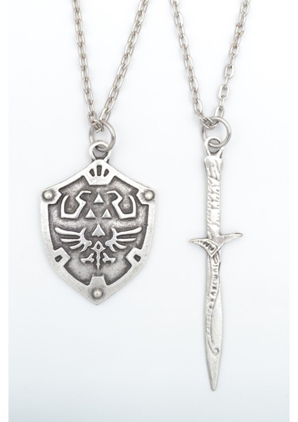 2'li The Legend Of Zelda Kalkan - Kılıç Gümüş Kaplama Unisex Düz Zincir Kolye Seti kod 1014