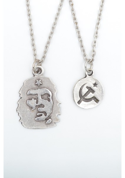 2'li Che Guevare - Orak Çekiç Gümüş Kaplama Unisex Düz Zincir Kolye Seti kod 995