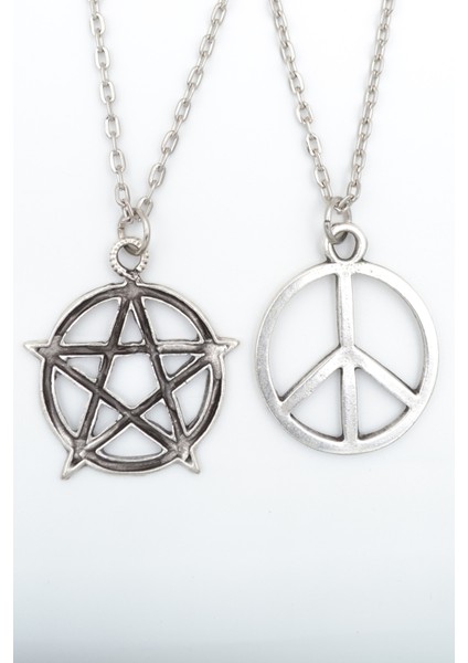2'li Pentagram Wicca - Barış İşareti Peace Gümüş Kaplama Unisex Düz Zincir Kolye Seti kod 972