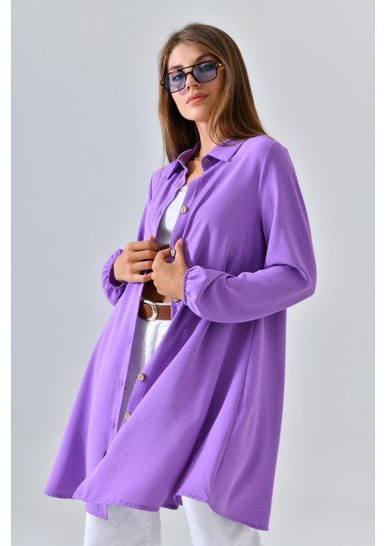 Lila Ahşap Düğmeli Tunik