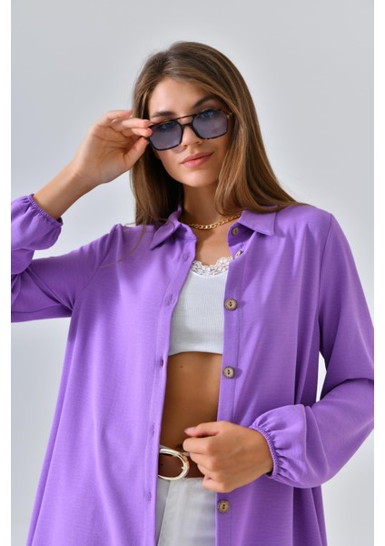 Lila Ahşap Düğmeli Tunik