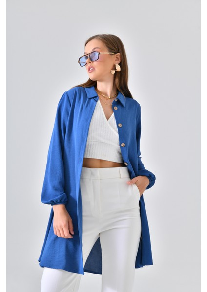 Indigo Ahşap Düğmeli Tunik