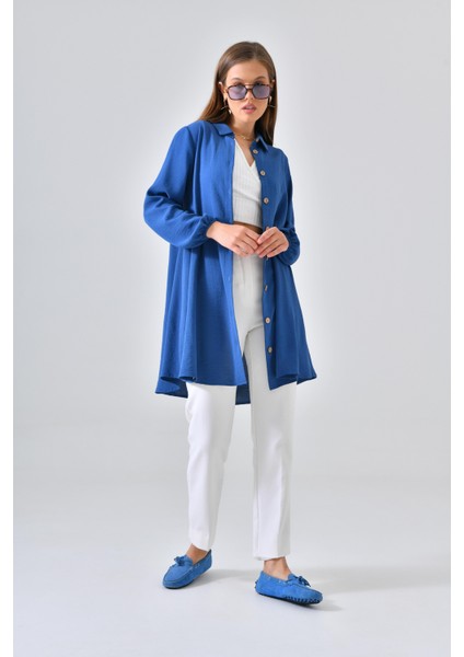 Indigo Ahşap Düğmeli Tunik