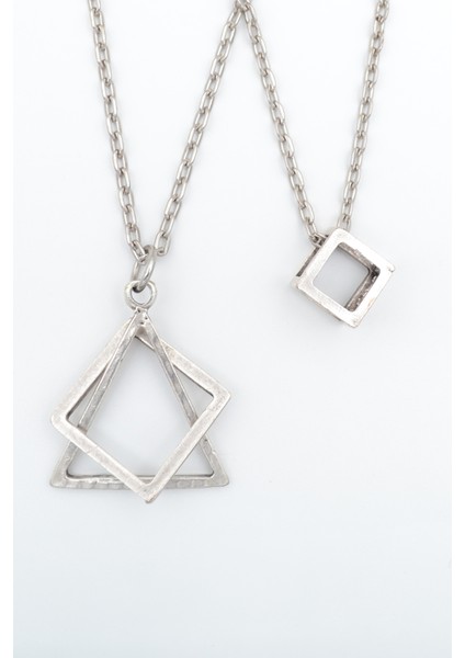 2'li Küp - Üçgen Kare Geometrik Gümüş Kaplama Unisex Düz Zincir Kolye Seti kod 1019