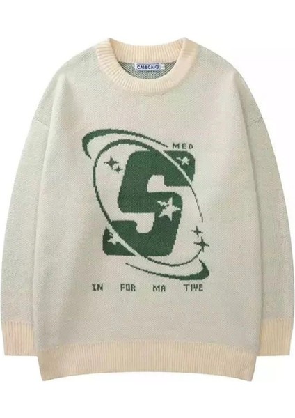 Daily Fashion Med S Informative Yazılı Harajuku Vintage Unisex Açık Krem Rengi Oversize Kazak