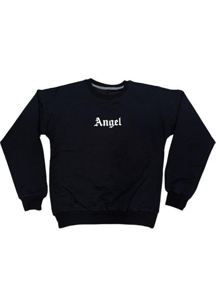 Kız Çocuk Önü Angel Yazı Desenli Sırtı Melek Kanatlı Siyah Sweatshirt