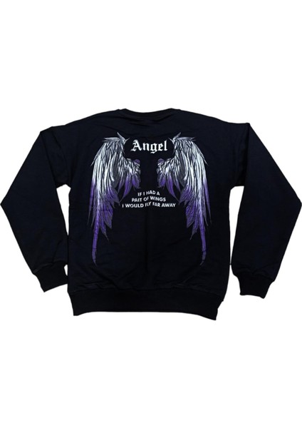 Kız Çocuk Önü Angel Yazı Desenli Sırtı Melek Kanatlı Siyah Sweatshirt