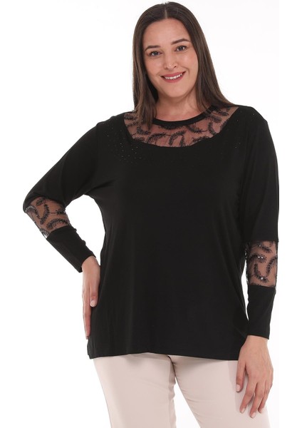 Kadın Büyük Beden Transparan Yaka Taşlı Siyah Bluz