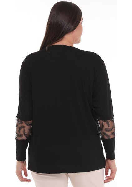Kadın Büyük Beden Transparan Yaka Taşlı Siyah Bluz fiyatları