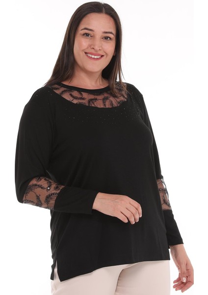 Kadın Büyük Beden Transparan Yaka Taşlı Siyah Bluz modelleri