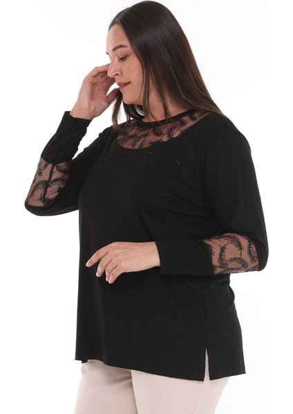 Kadın Büyük Beden Transparan Yaka Taşlı Siyah Bluz fırsatları