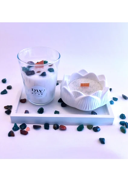 Black And White Candle Bwc Karışık Doğal Taşlı ve Dekoratif Beyaz Lotus Çiçeği Mum Seti-Koku ve Renk Seçenekli