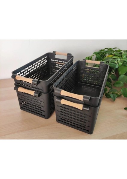 4 Adet - Çok Amaçlı Plastik Tutacaklı Organizer Sepet - Dolap Içi & Çekmece Düzenleyici Sepet Siyah