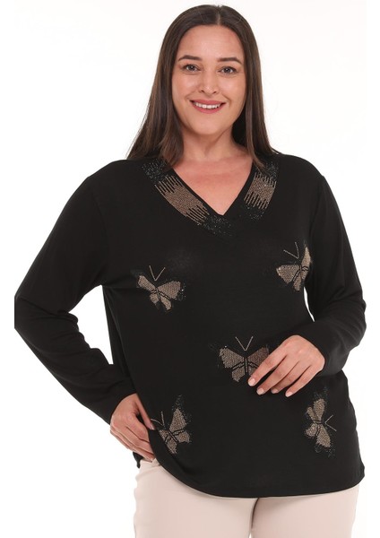 Kadın Büyük Beden Kelebek Gold Taş Baskılı Siyah Bluz