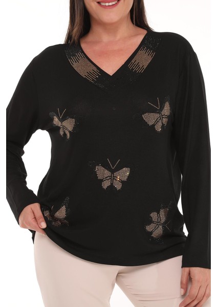 Kadın Büyük Beden Kelebek Gold Taş Baskılı Siyah Bluz fiyatları