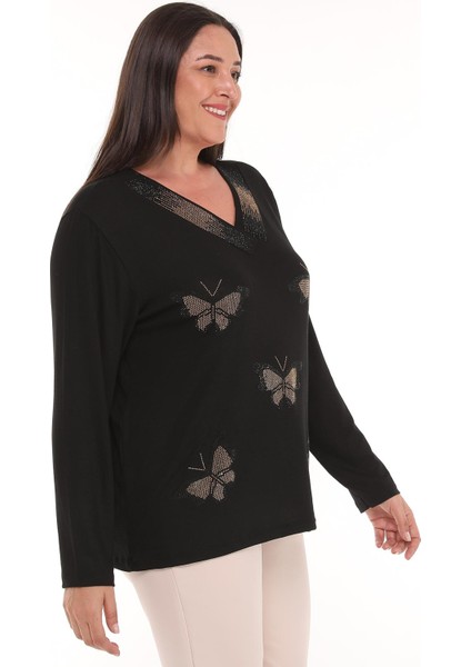 Kadın Büyük Beden Kelebek Gold Taş Baskılı Siyah Bluz fırsatları
