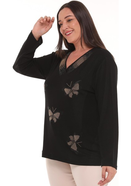 Kadın Büyük Beden Kelebek Gold Taş Baskılı Siyah Bluz indirimleri