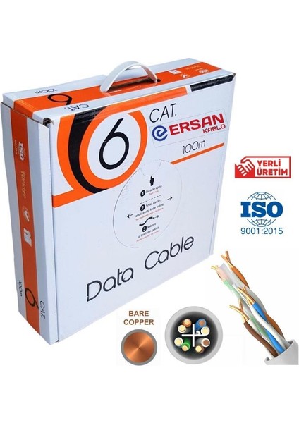 Kablo 23AWG Full Bakır Cat6 Kablo Gri 100MT Yerli Üretim