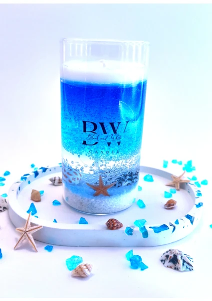 Bwc Ocean Candle Dekoratif Mum -Mavi Kristal Sunum Tepsisi - Bambu Kapaklı - Özel Tasarım