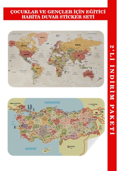 Eğitici Öğretici Dünya ve Türkiye Haritası Çocuk Odası Duvar Sticker 3890 fiyatları