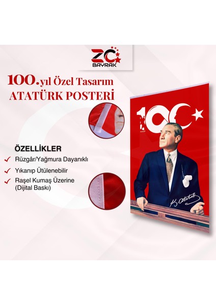 100.YIL Özel Tasarım Atatürk Poster Bayrak Raşel Kumaş Dijital Baskı 150X225 fiyatları