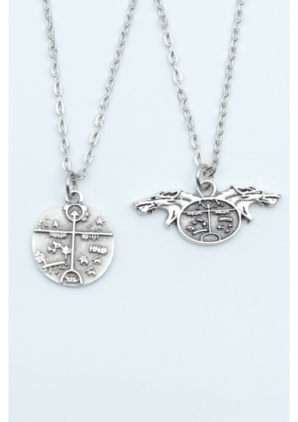 2'li Kam Davulu Şaman Davulu Kurt Gümüş Kaplama Unisex Düz Zincir Kolye Seti kod 1093