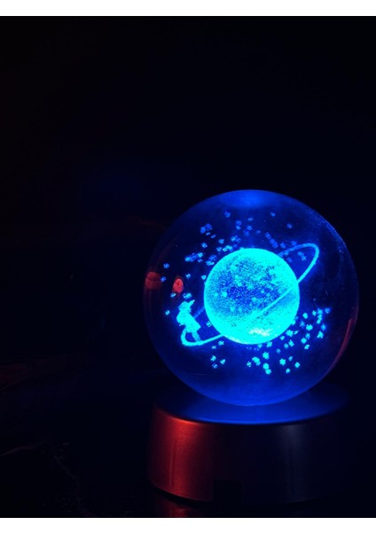 Satürn Temalı Işıklı 3D LED Işıklı Cam Küre ve Kolye