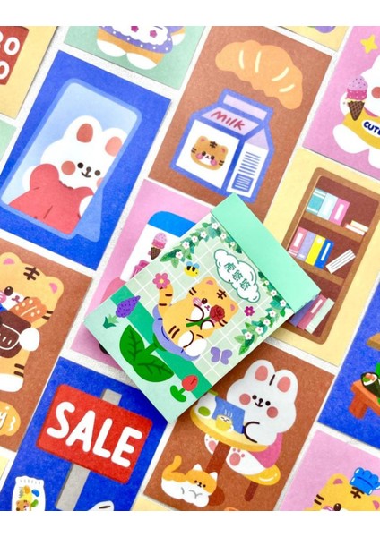 Sevimli Kedi 50 Yaprak Yeşil Defter Sticker Çıkartma Bullet Journal Defter Süsleme Scrapbook