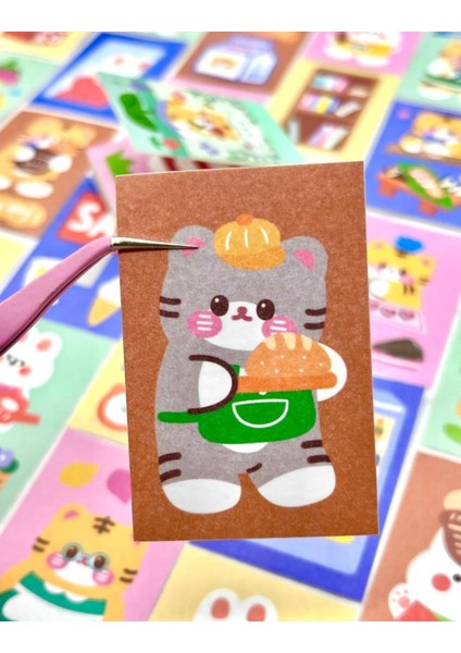 Sevimli Kedi 50 Yaprak Yeşil Defter Sticker Çıkartma Bullet Journal Defter Süsleme Scrapbook