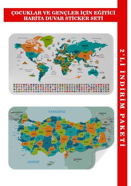 Harita Sepeti Eğitici Öğretici Dünya ve Türkiye Haritası Çocuk Odası Duvar Sticker 3887 fiyatları