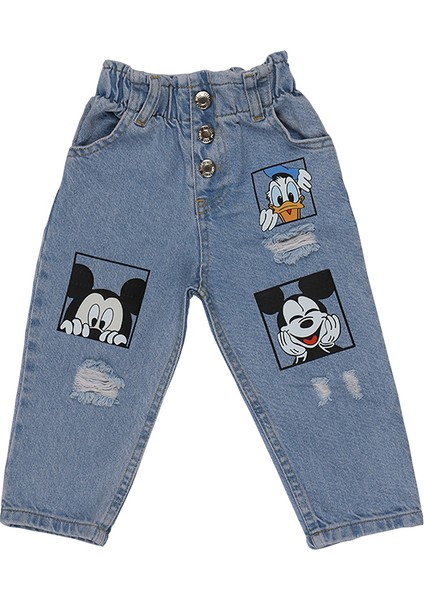 Duffy Mickey Baskılı Beli Lastikli Çocuk Kot Pantolon 2263